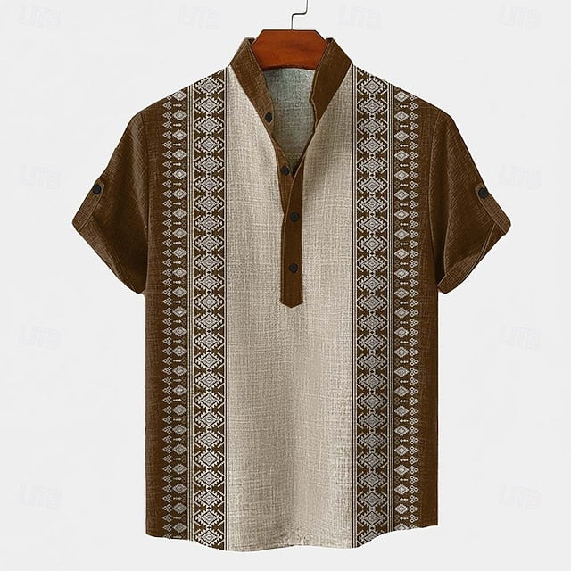 Leon | Men's Ethnic Print Stand Collar Short Sleeve Shirt