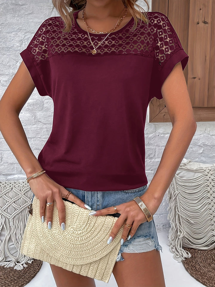 Bianca | Women's Crochet Lace-Yoke Short Sleeve Top