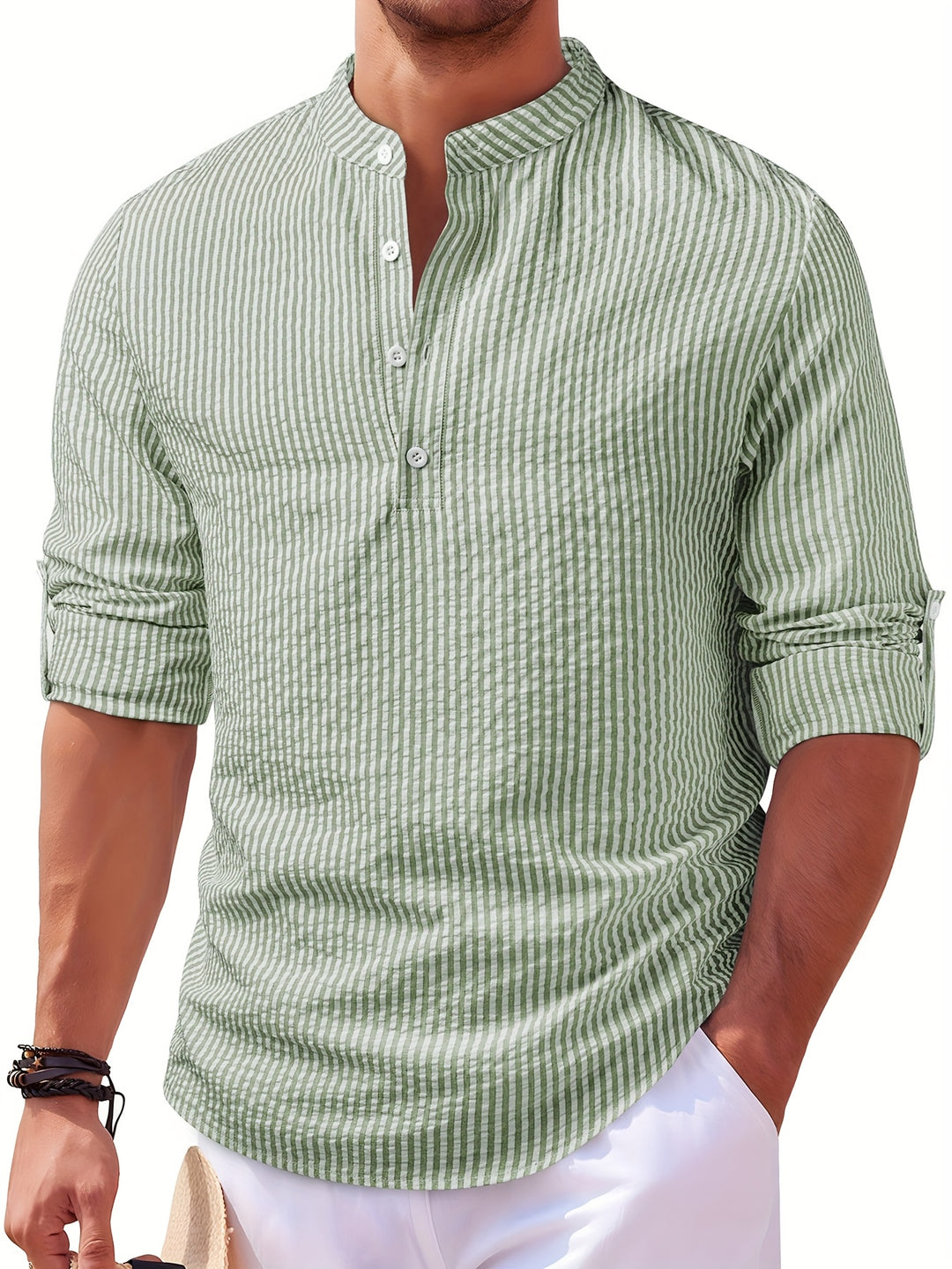 Rowan | Men's Band Collar Long Sleeve Stripe Shirt