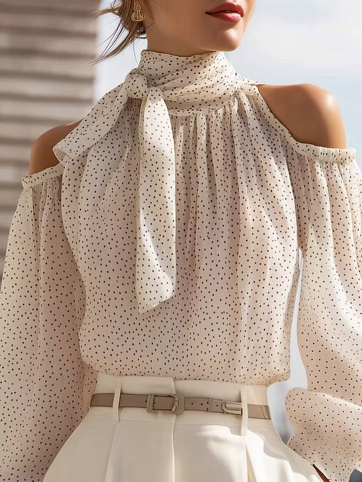 Marceline | Polka Dot Cold-Shoulder Tie-Neck Blouse