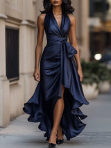 Regina | Draped Halter Ruffle Gown