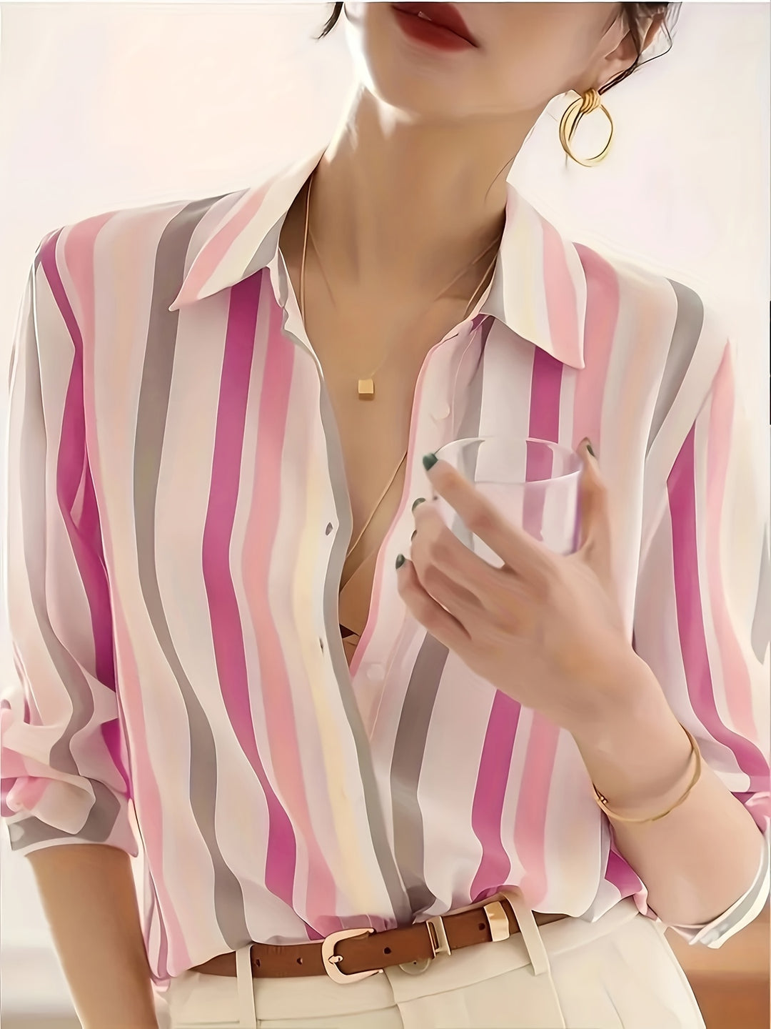 Celeste | Women's Multicolour Stripe Long Sleeve Button Shirt