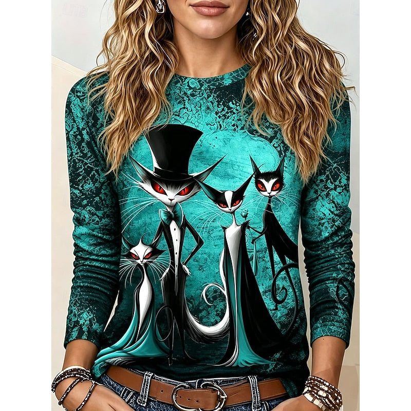 Rhiannon | Halloween Gothic Cat Graphic Long-Sleeve Top