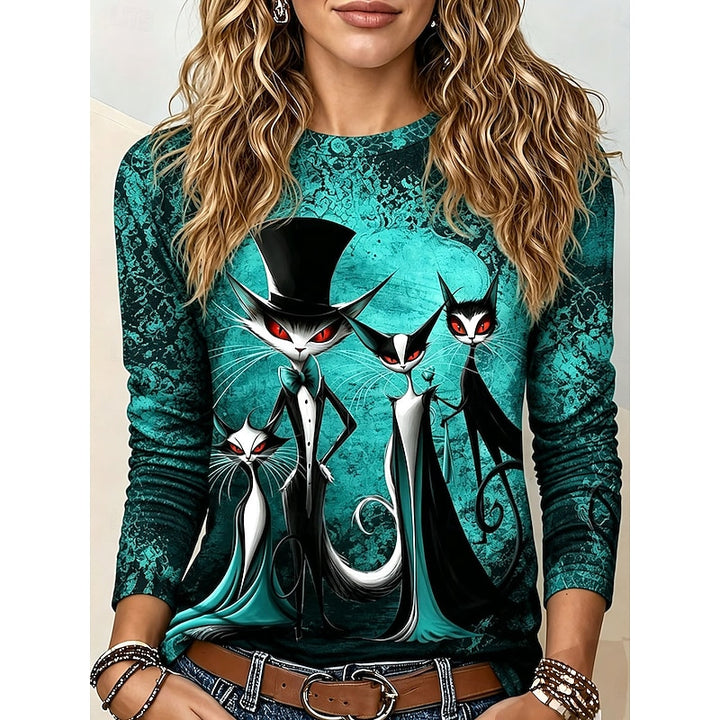 Rhiannon | Halloween Gothic Cat Graphic Long-Sleeve Top