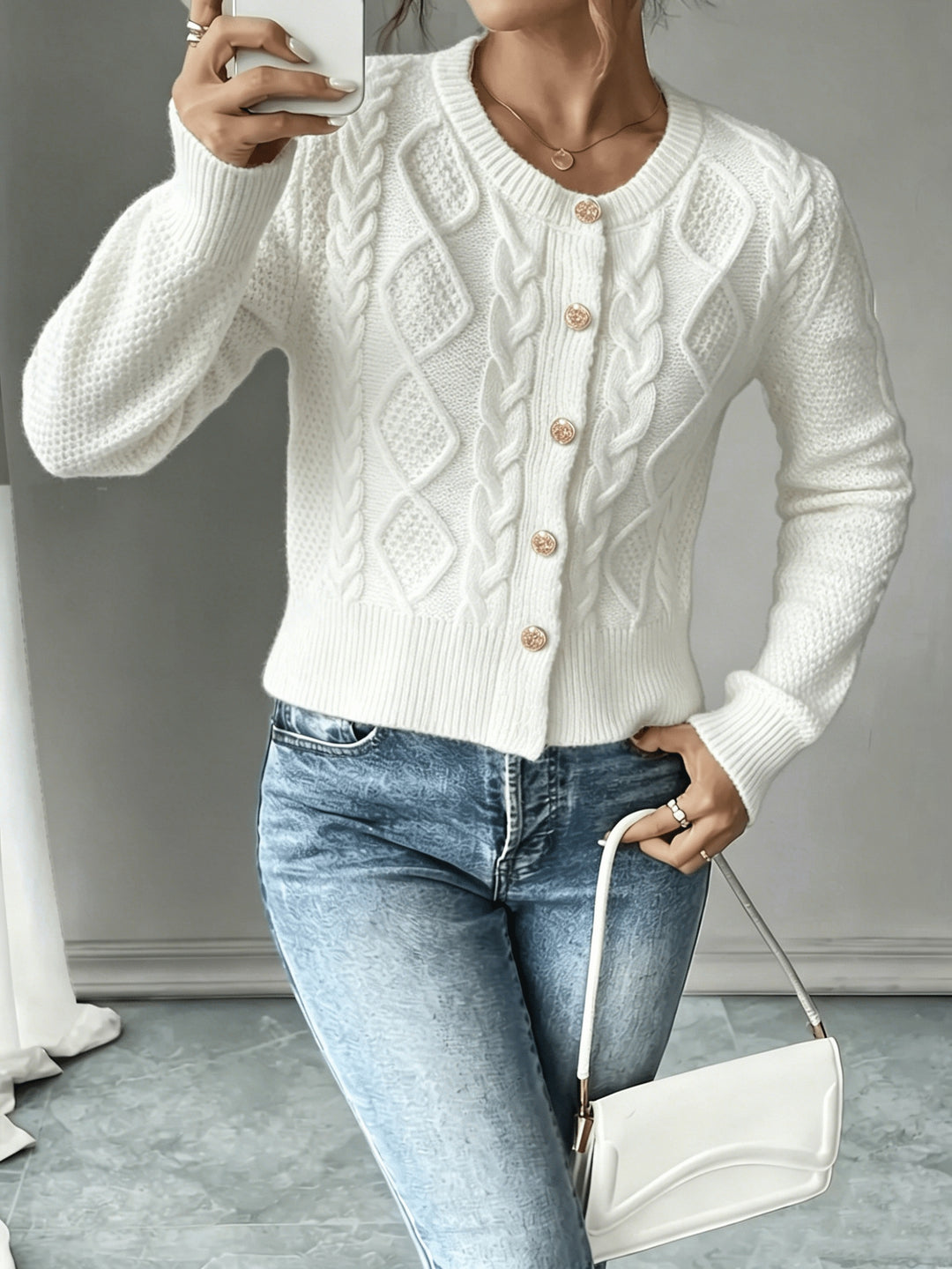 Eleanor | Cable-Knit Button-Front Cardigan