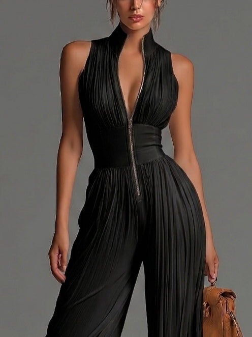 Delphina | Elegant Wide-Leg Pleated Jumpsuit