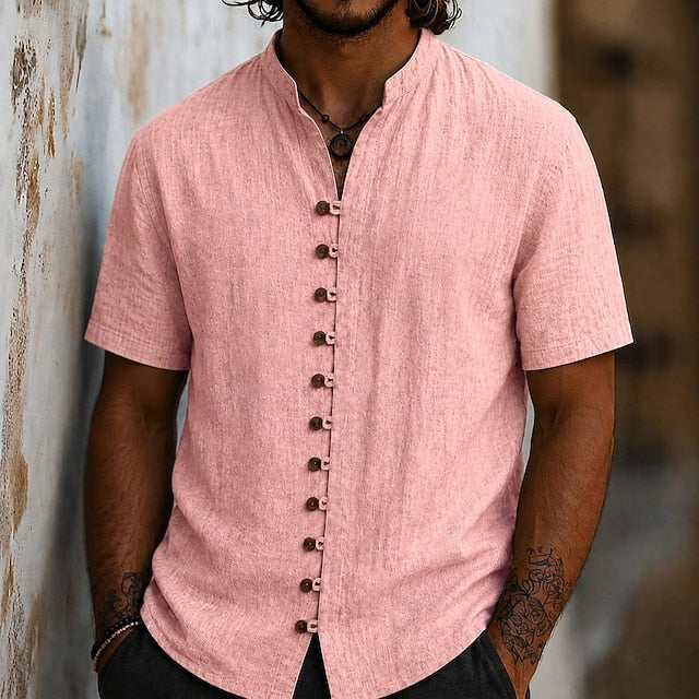 Atticus | Men's Linen Band Collar Short Sleeve Shirt