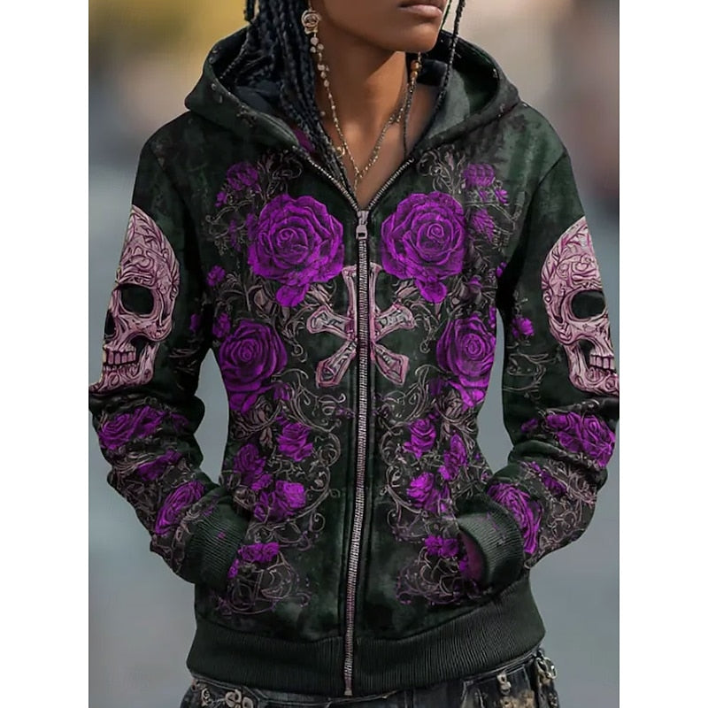 Seraphine | Halloween Skull & Rose Zip-Up Hoodie