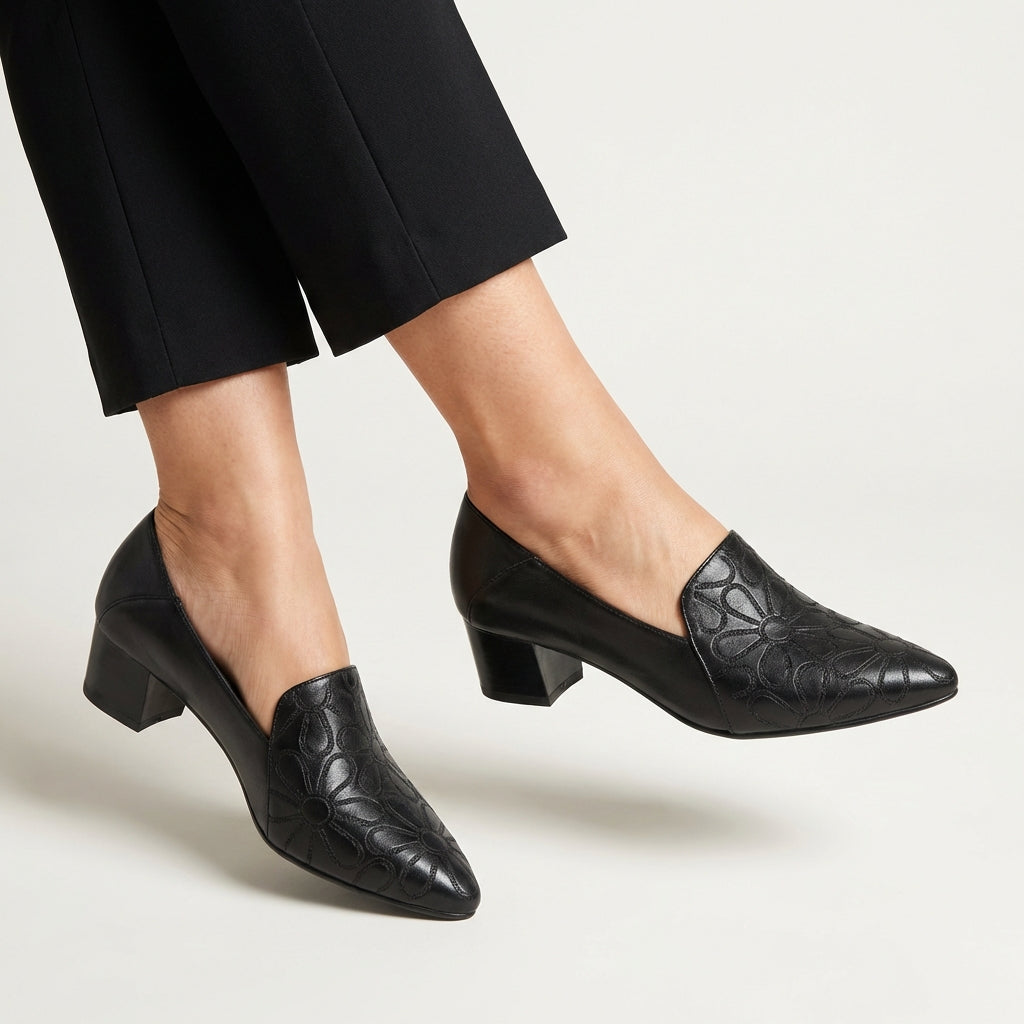 Elspeth | Floral-Embossed Block-Heel Pumps