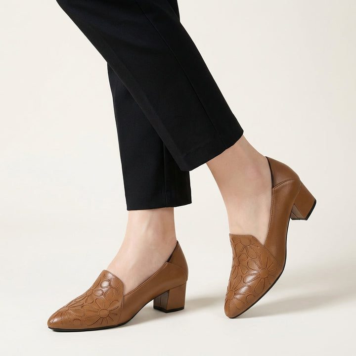 Elspeth | Floral-Embossed Block-Heel Pumps