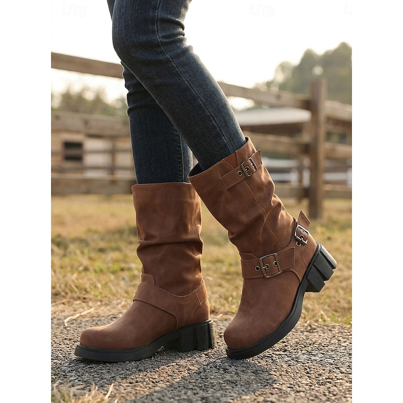 Tamara | Buckle-Strap Mid-Calf Biker Boots