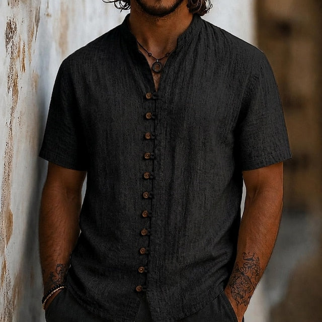 Atticus | Men's Linen Band Collar Short Sleeve Shirt
