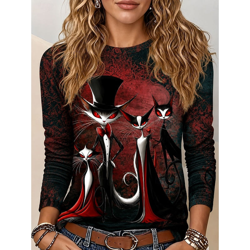 Rhiannon | Halloween Gothic Cat Graphic Long-Sleeve Top