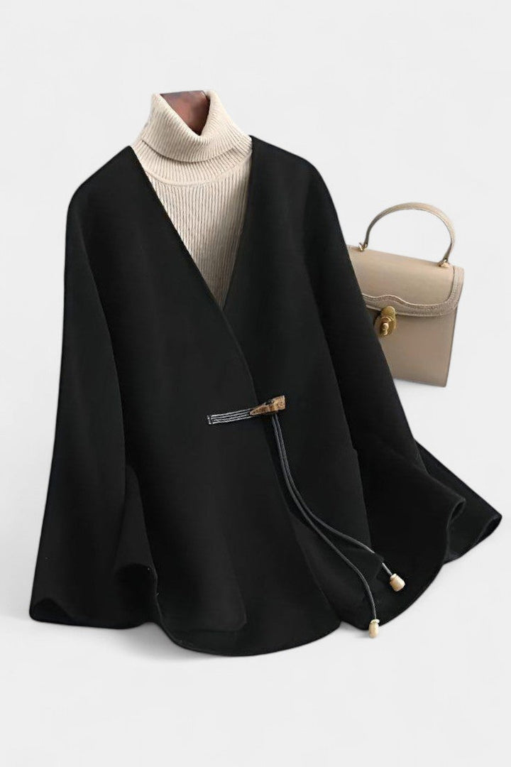 Katrine | Contrast-Collar Drawstring Cape Coat