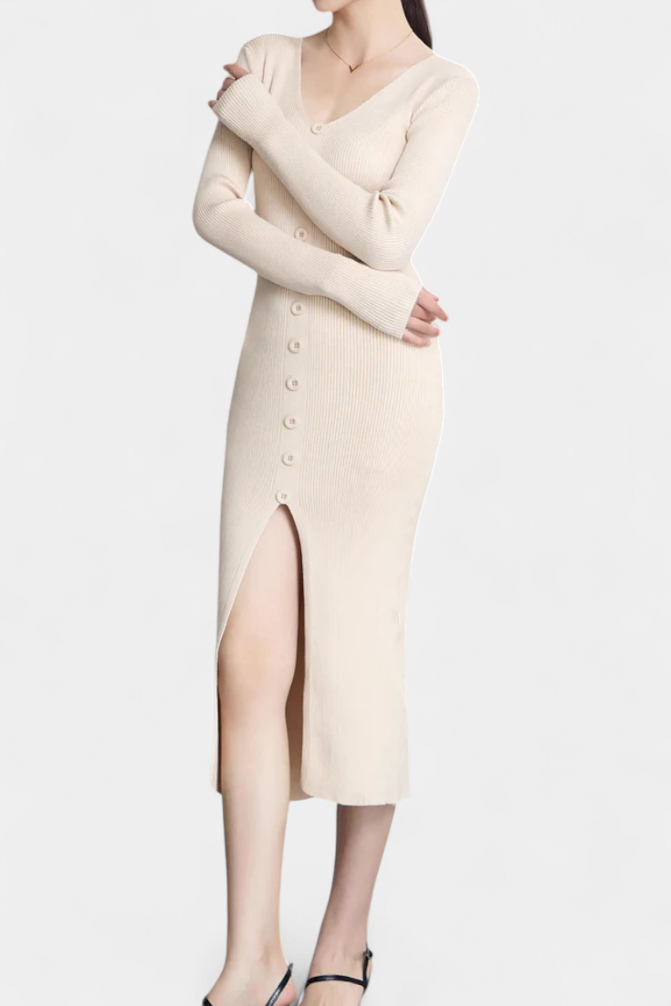 Mireille | Button-Front V-Neck Midi Dress