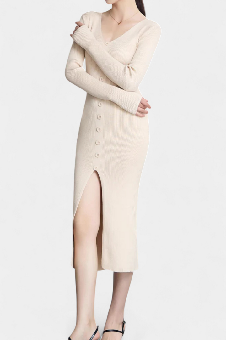 Mireille | Button-Front V-Neck Midi Dress