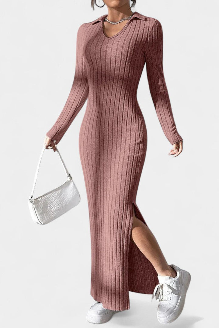 Elspeth | Ribbed Collared Maxi Dress