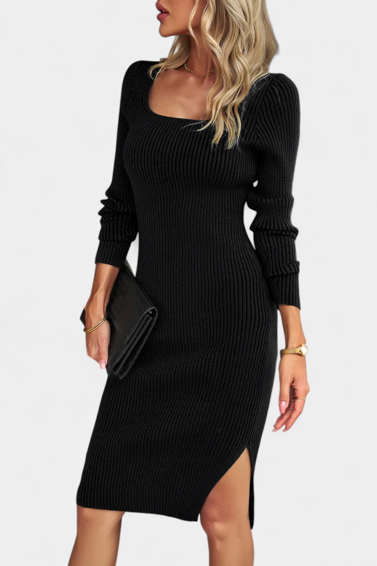 Rosemarie | Fitted Ribbed Midi Dress with Side Slit