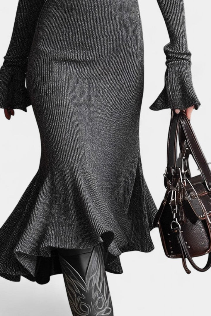 Elowen | Zip-Neck Fluted Midi Knit Dress