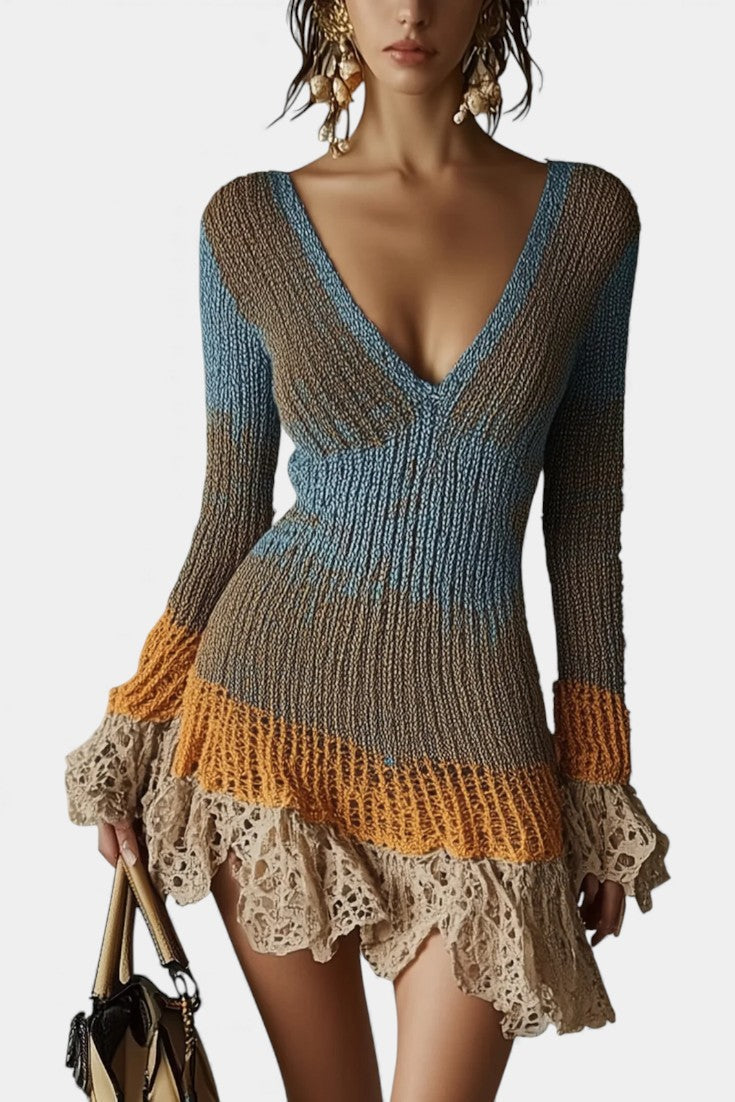Marlette | Lace-Trimmed Textured Knit Mini Dress