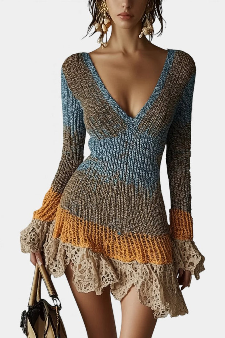 Marlette | Lace-Trimmed Textured Knit Mini Dress