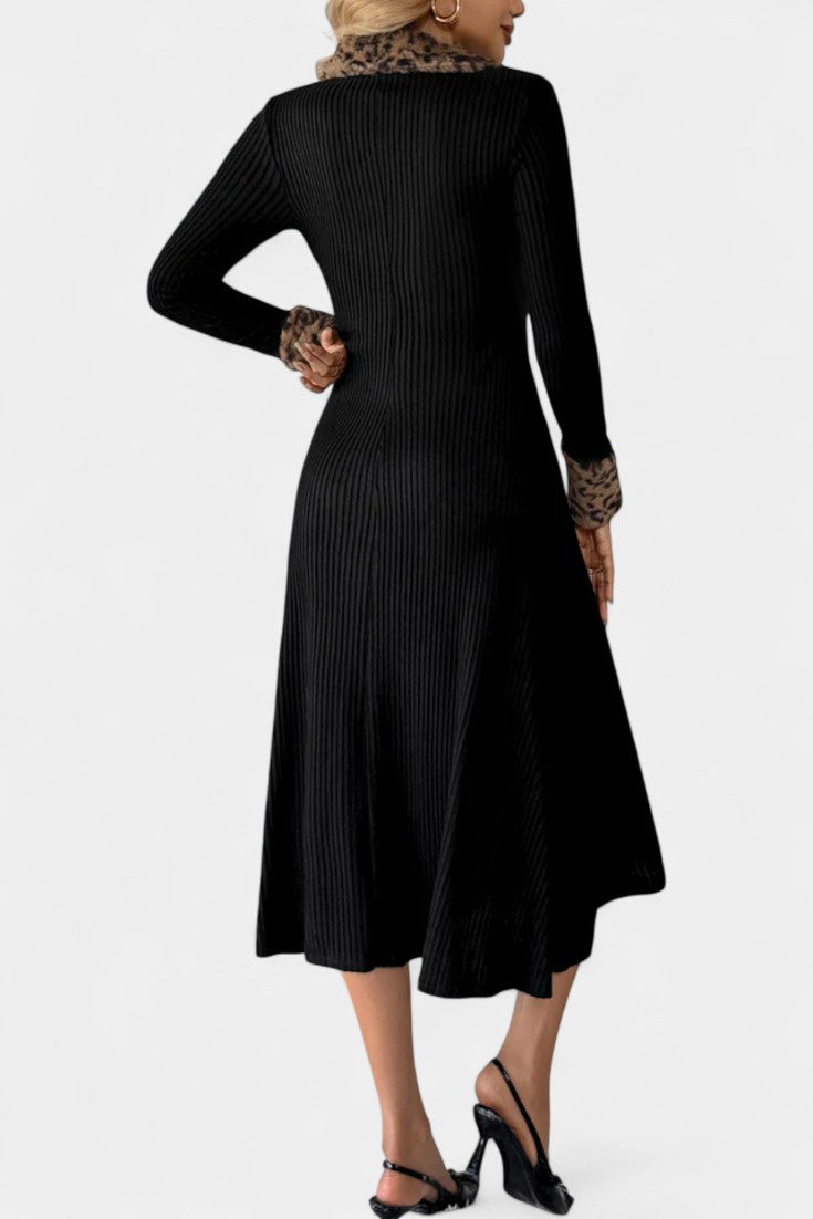 Rosaline | Ribbed Midi Dress with Leopard Trim