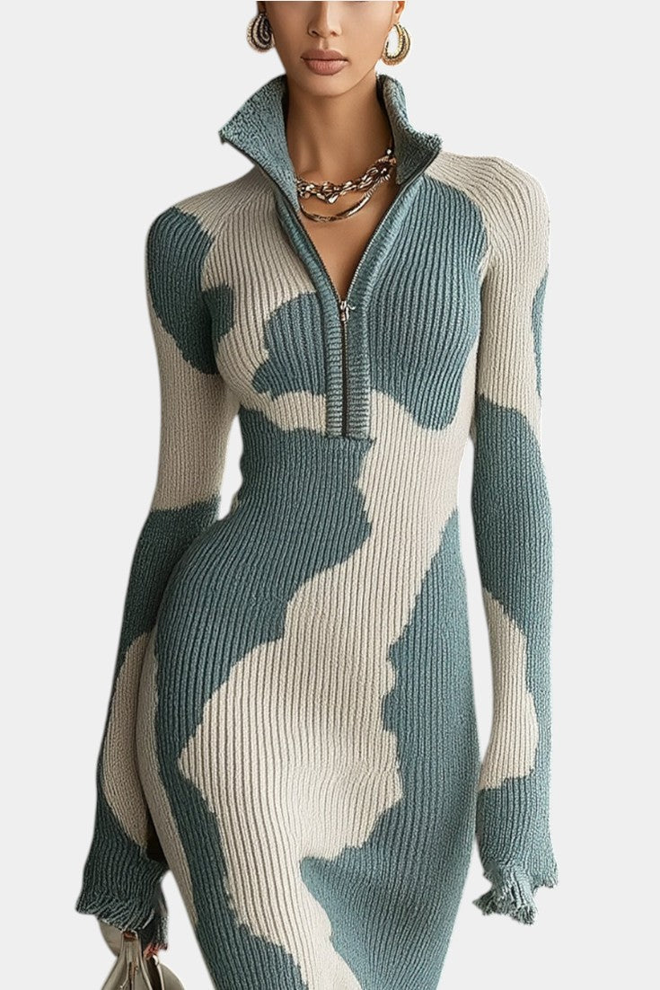 Fern | Abstract Knit Zip-Collar Midi Dress