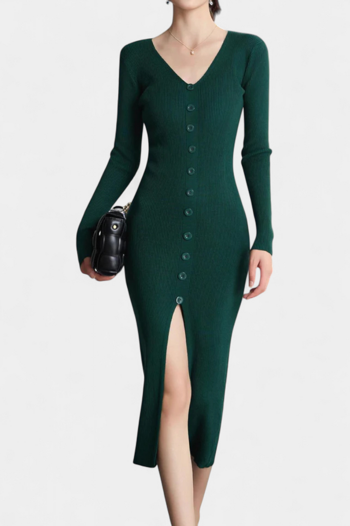 Mireille | Button-Front V-Neck Midi Dress