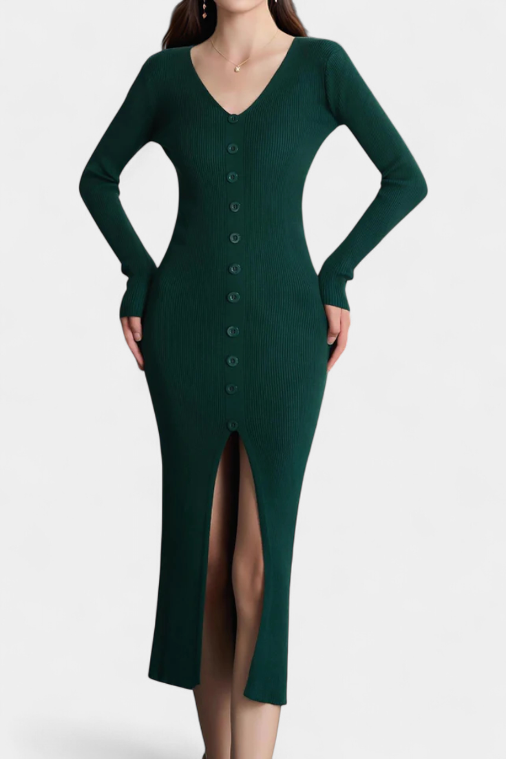 Mireille | Button-Front V-Neck Midi Dress