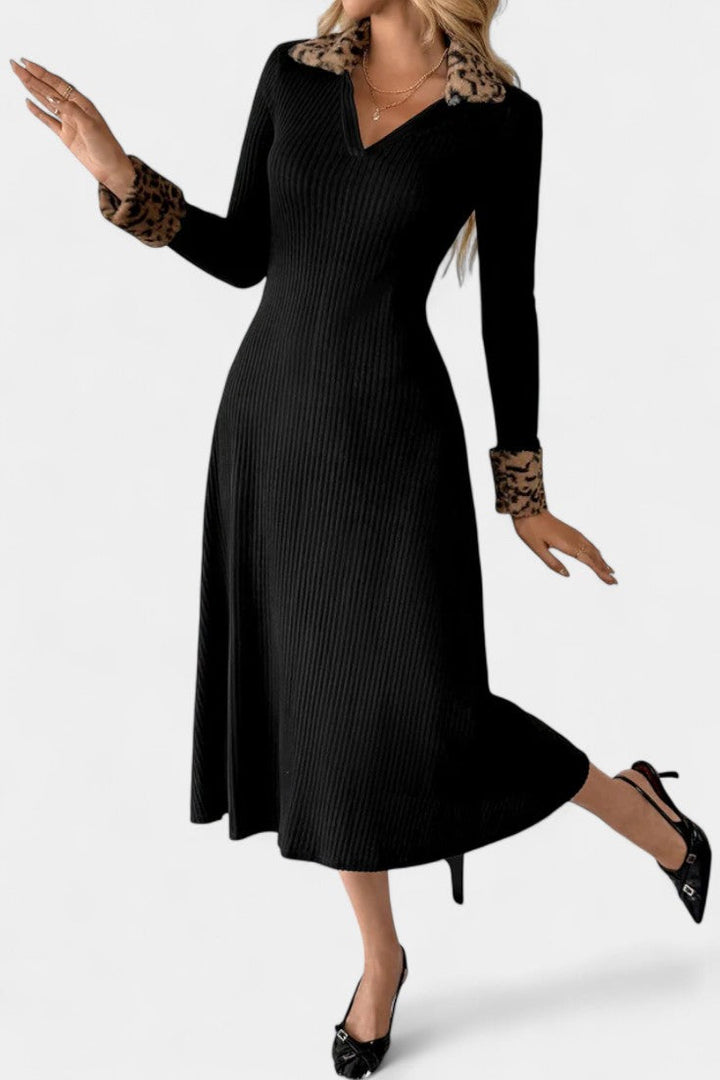 Rosaline | Ribbed Midi Dress with Leopard Trim