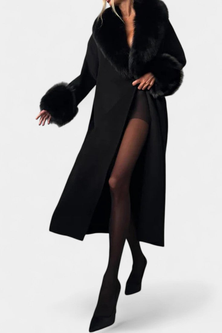 Adelaide | Belted Longline Coat with Faux Fur Trim