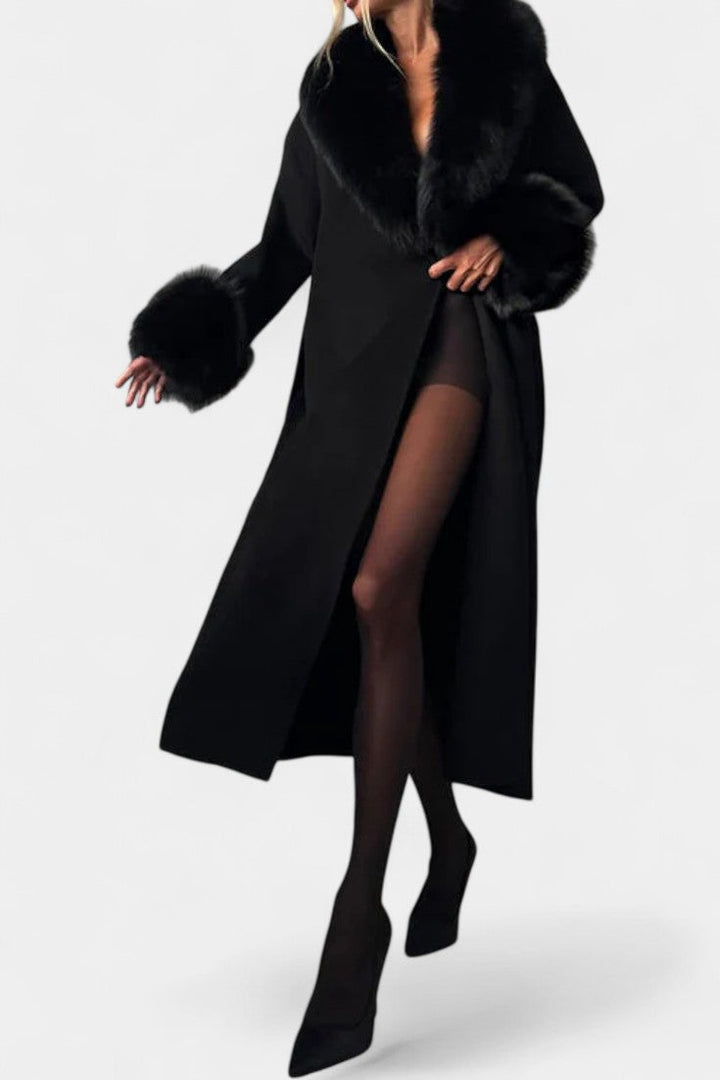 Adelaide | Belted Longline Coat with Faux Fur Trim