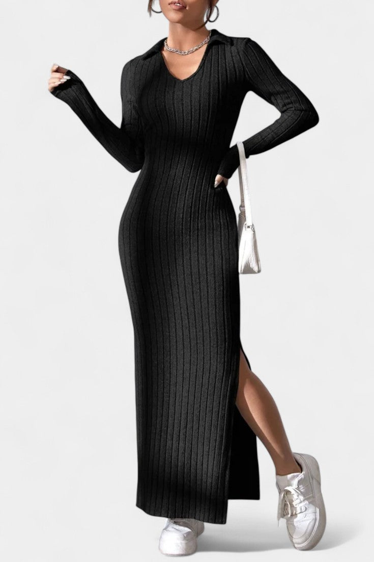 Elspeth | Ribbed Collared Maxi Dress
