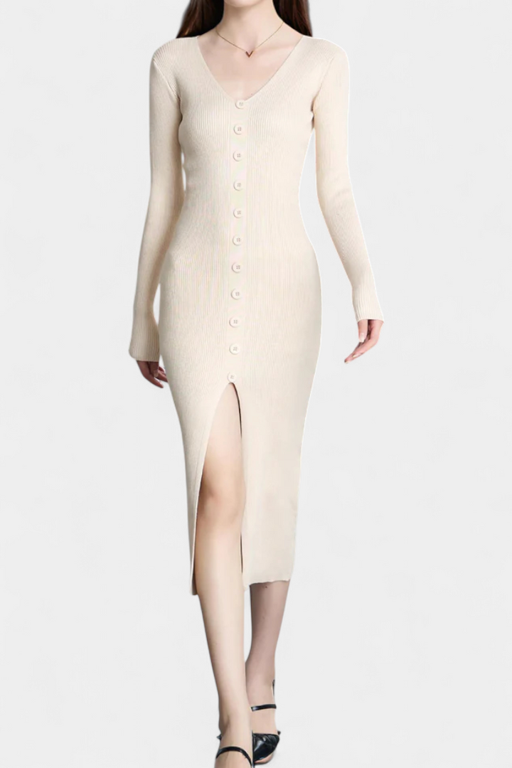 Mireille | Button-Front V-Neck Midi Dress
