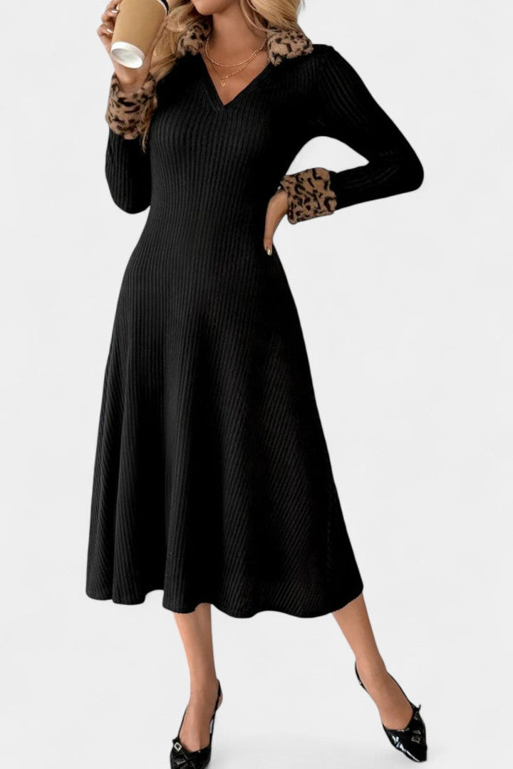 Rosaline | Ribbed Midi Dress with Leopard Trim
