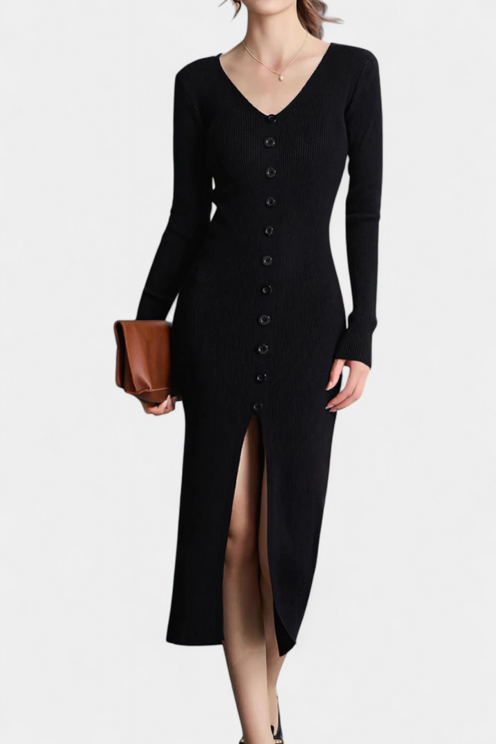Mireille | Button-Front V-Neck Midi Dress