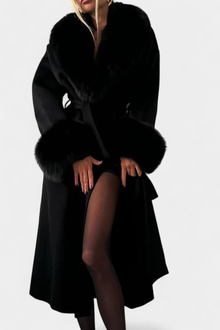 Adelaide | Belted Longline Coat with Faux Fur Trim