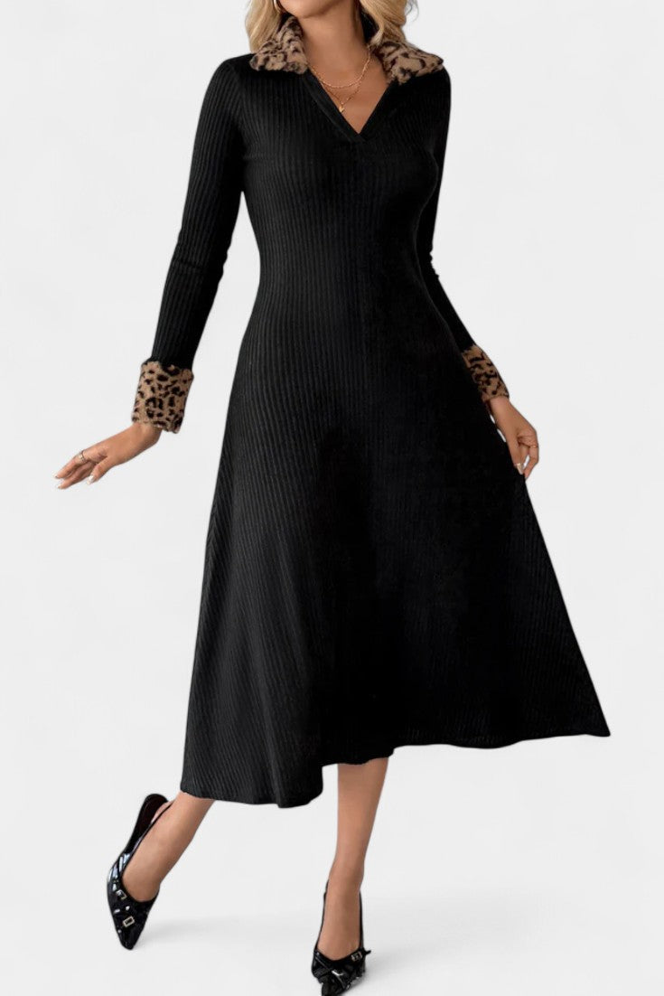 Rosaline | Ribbed Midi Dress with Leopard Trim