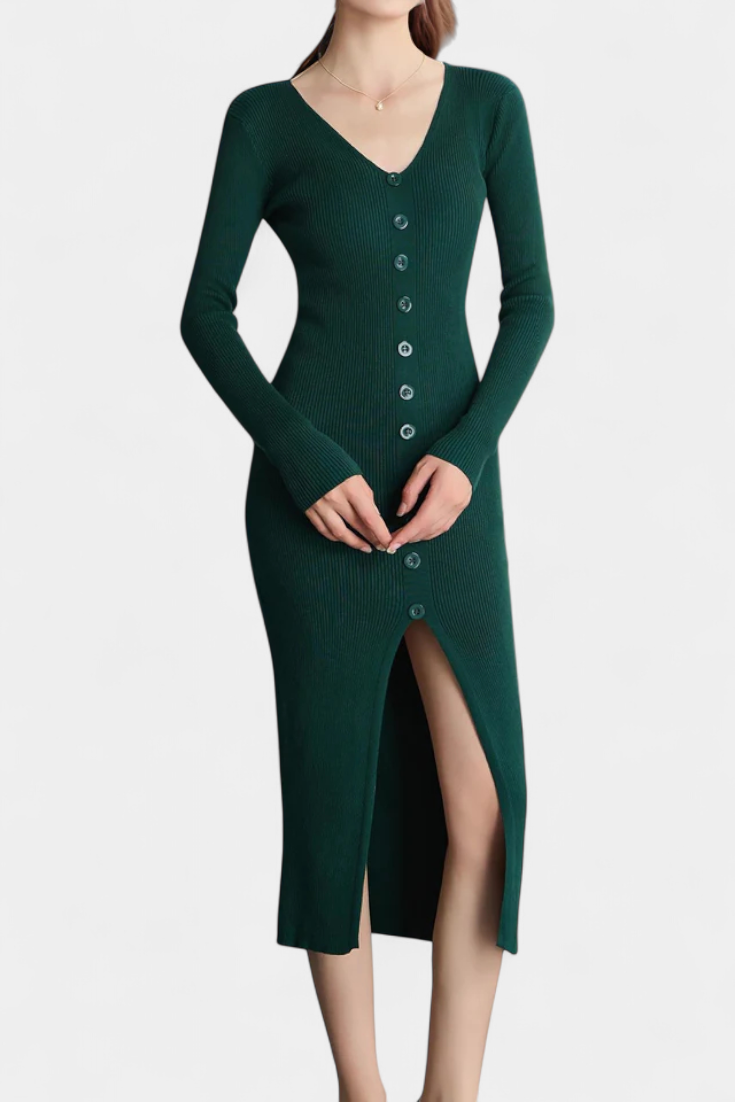 Mireille | Button-Front V-Neck Midi Dress