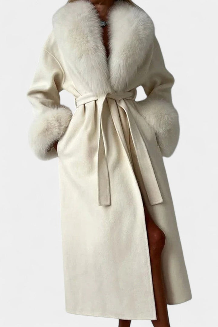 Adelaide | Belted Longline Coat with Faux Fur Trim