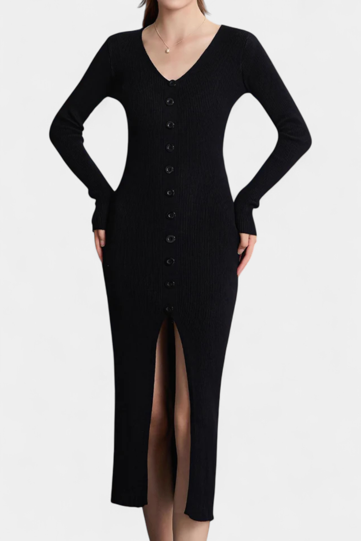 Mireille | Button-Front V-Neck Midi Dress