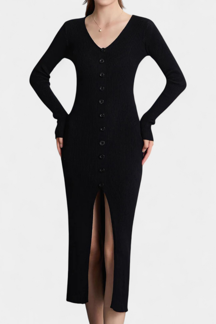 Mireille | Button-Front V-Neck Midi Dress