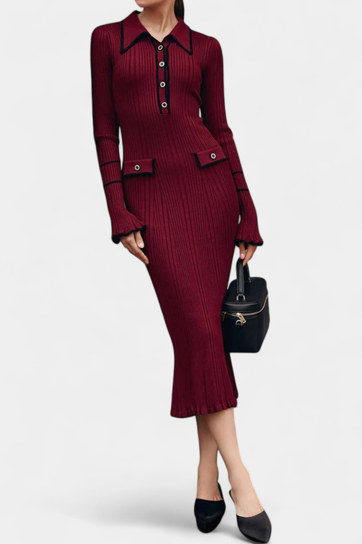 Cordy | Polo Collar Ribbed Midi Dress