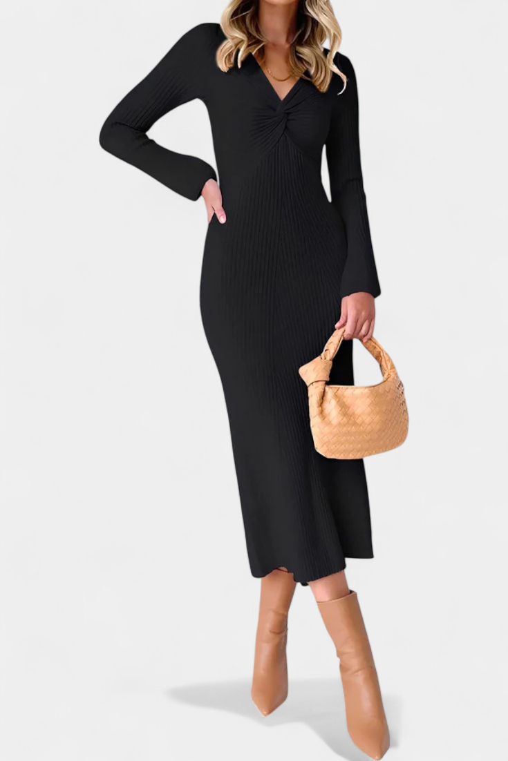 Eloise | Ruched V-Neck Long-Sleeve Fitted Dress