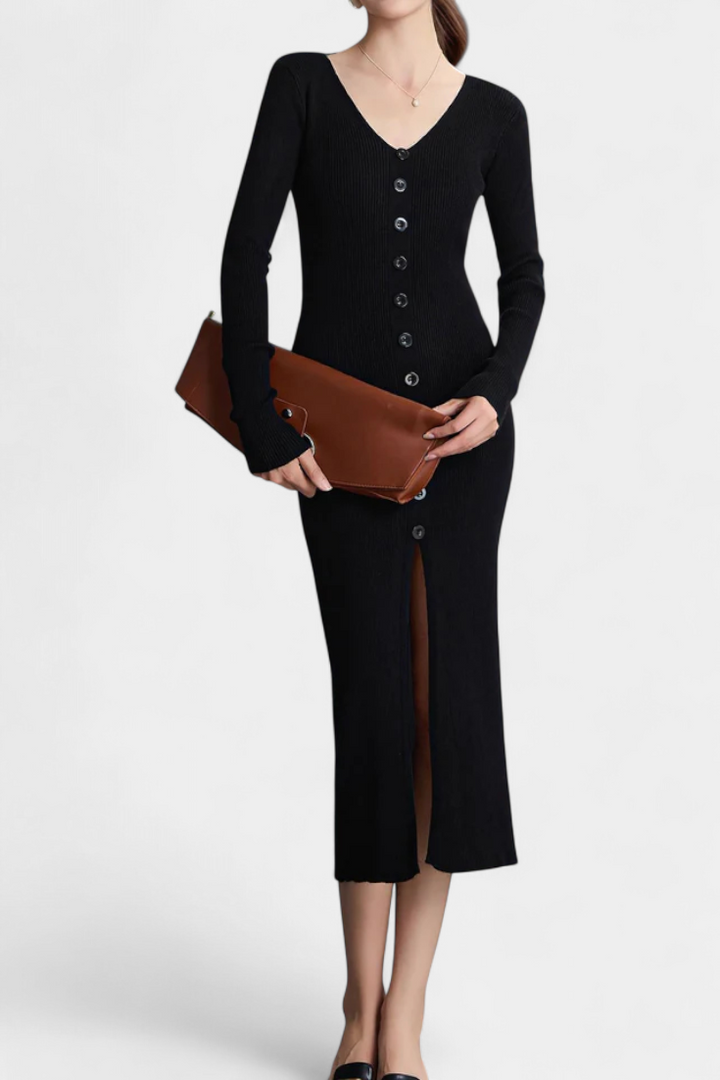Mireille | Button-Front V-Neck Midi Dress