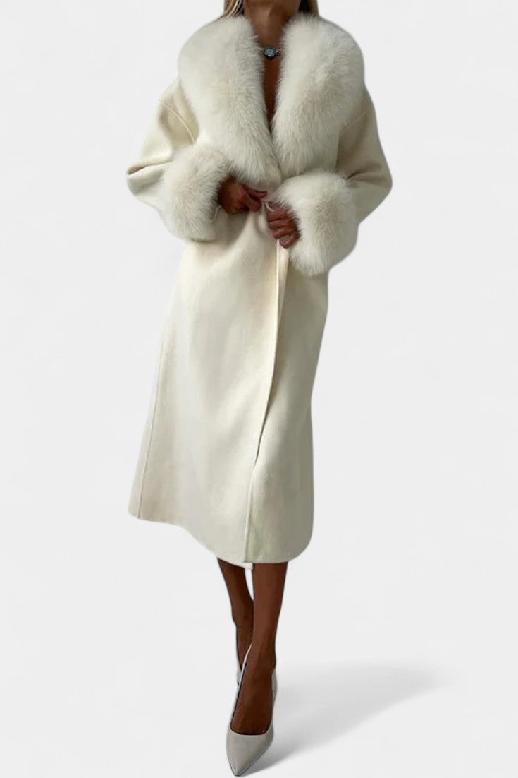 Nicolette | Belted Long Coat with Soft Fur Trim