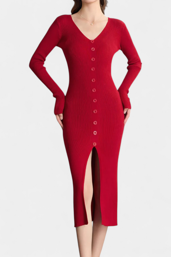 Mireille | Button-Front V-Neck Midi Dress