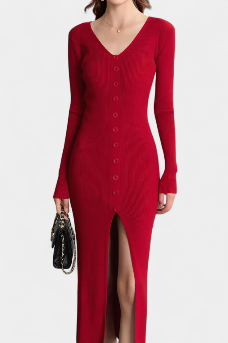 Mireille | Button-Front V-Neck Midi Dress