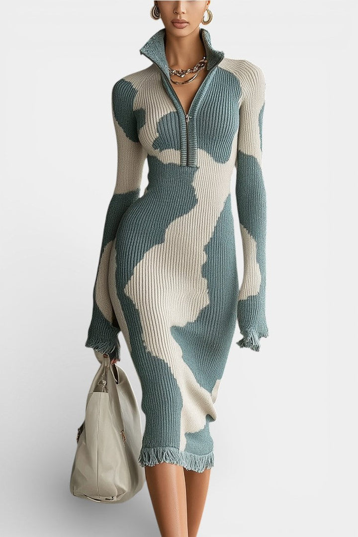 Fern | Abstract Knit Zip-Collar Midi Dress