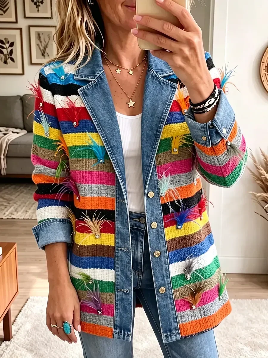 Ruby | Striped Feather-Trim Statement Jacket